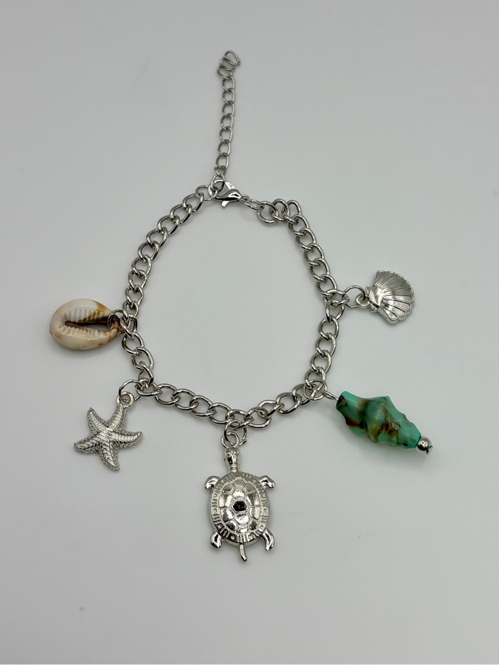 Silver Seashell & Turtle Charm Bracelet with Turquoise Bead